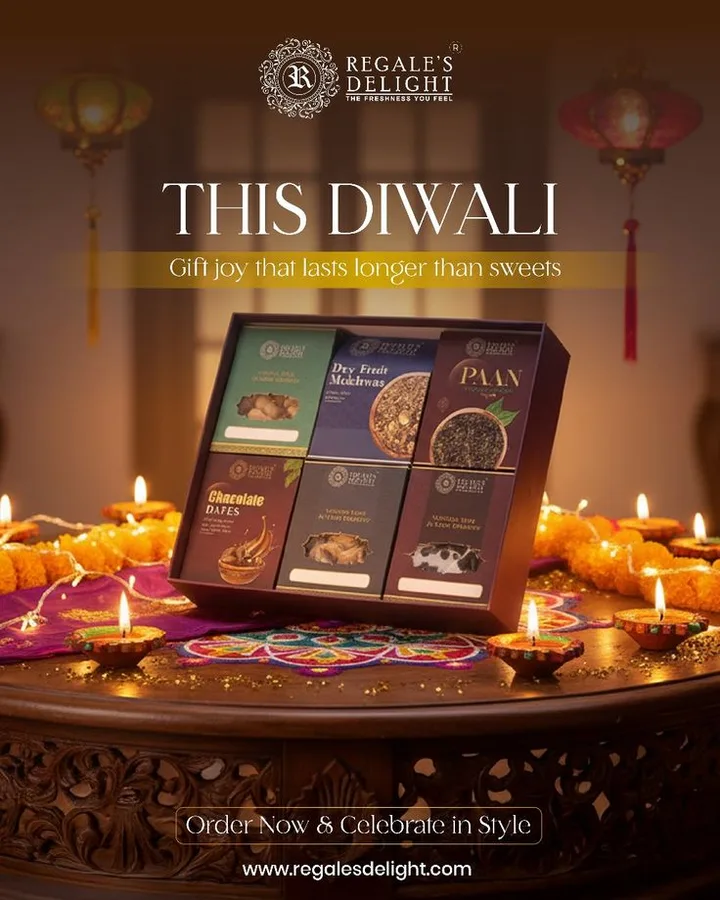 Diwali gift-box design reference with warm festive photography and an order call to action