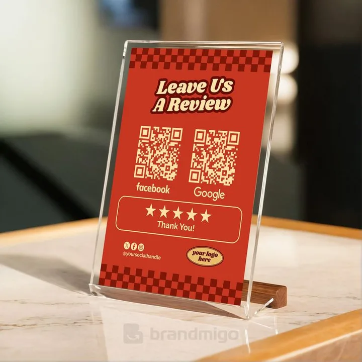 Google and Facebook review QR countertop display, design reference