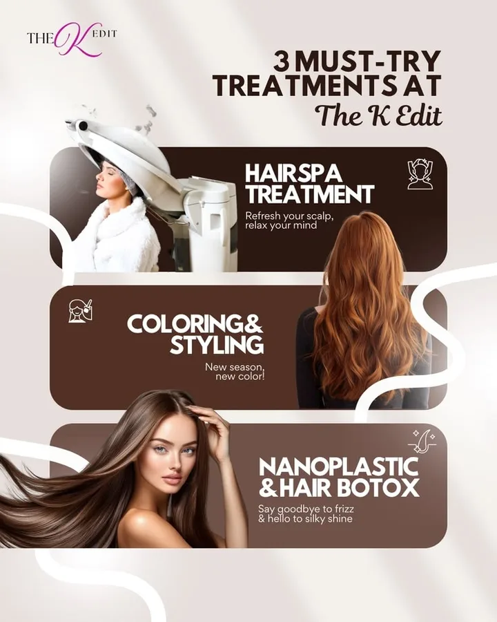 Salon service-menu design reference featuring hair spa, colouring and hair treatments